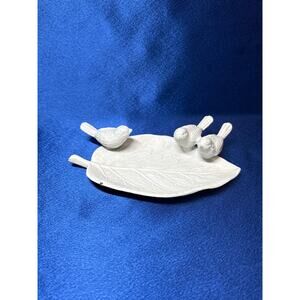 Vintage Metal White Leaf Shape with Three Birds Trinket Dish